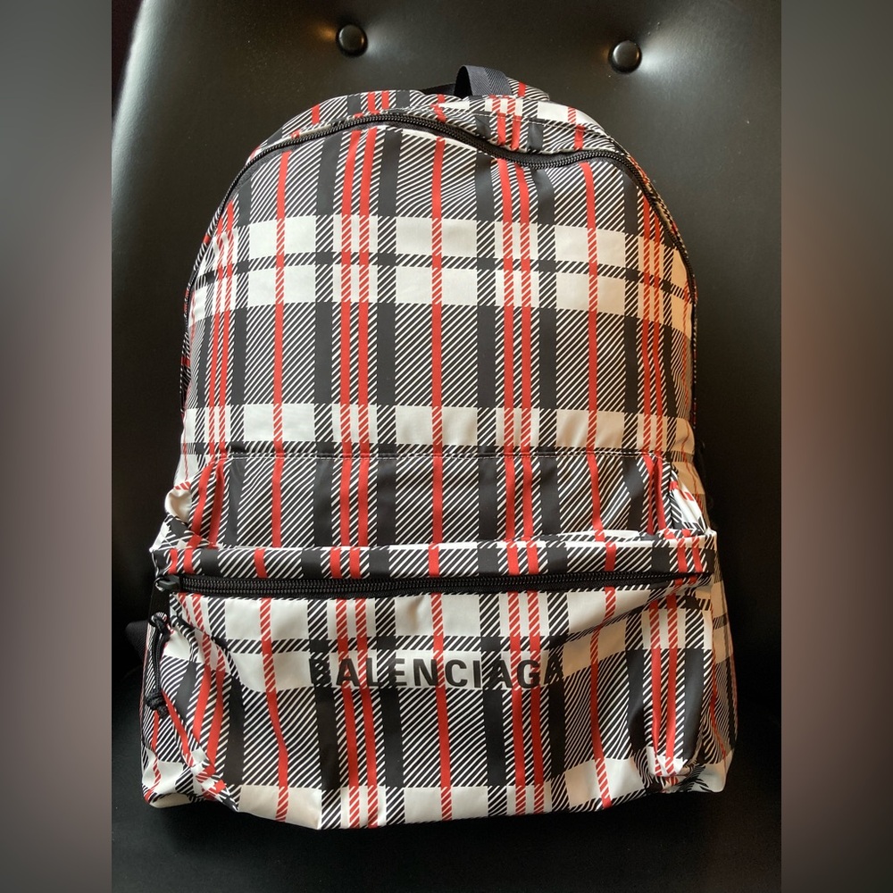 New Balenciaga Red and Black Nylon Backpack with Tartan Pattern Unisex NWOT